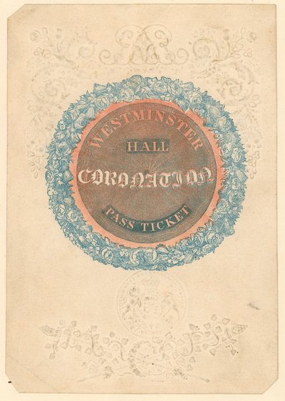 Pase para el Gran Banquete de Coronación del Rey Jorge IV en el Salón de Westminster, 17 de julio de 1821 de English School