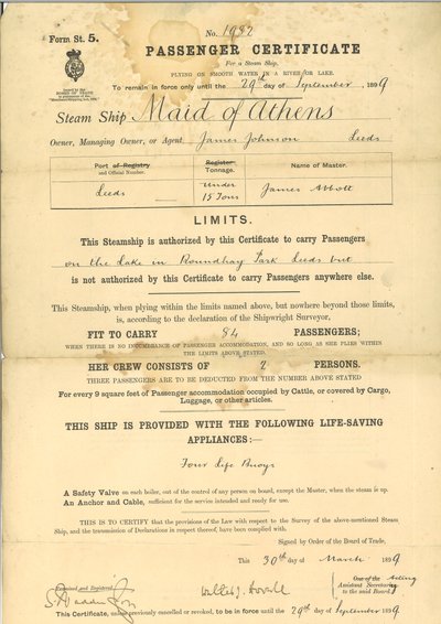 Certificado de pasajero para el barco de vapor The Maid of Athens de English School
