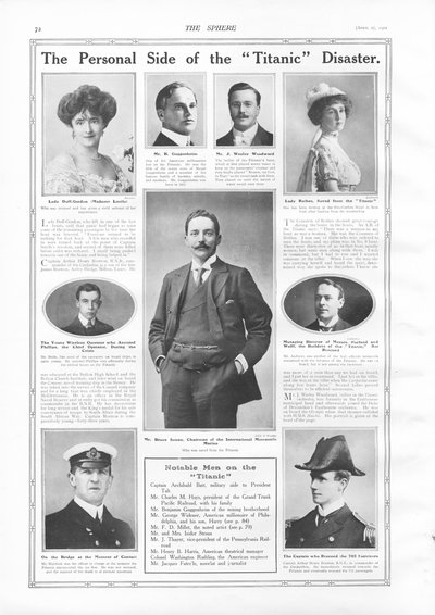 Pasajeros en el RMS Titanic, fotografías e información sobre personas notables relacionadas con el Titanic, de The Sphere, 27 de abril de 1912 de English School