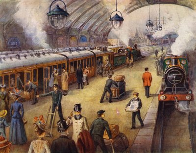 Pasajeros en el andén antes de la salida del tren (litografia en color) de English School