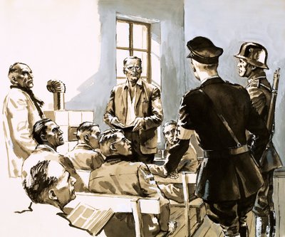 El pastor Dietrich Bonhoeffer hablando contra el partido nazi de Hitler (gouache sobre papel) de English School