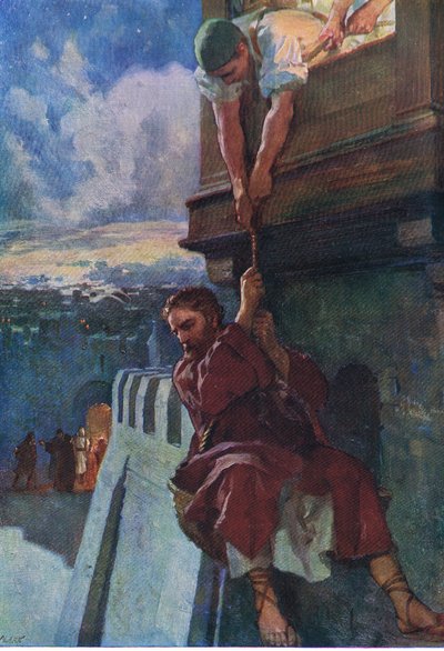 La huida de Pablo de Damasco, de The Bible Picture Book publicado por Thomas Nelson, c.1950 (litografía en color) de English School