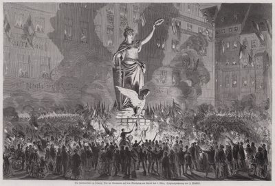 Celebraciones de la paz ante la estatua de Germania en la plaza del mercado de Leipzig, Alemania, la noche del 5 de marzo de 1870 de English School