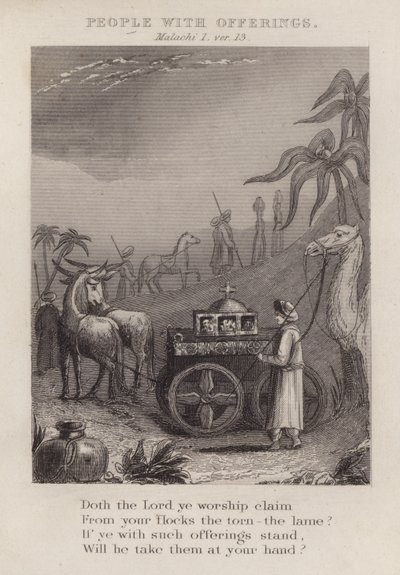 Personas con ofrendas, Malaquías I, ver 13 (grabado) de English School