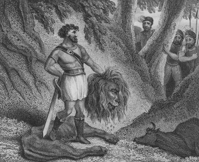 Pipino el Breve, Rey de los Francos, demostrando que su estatura no es un impedimento para gobernar matando a un león de English School