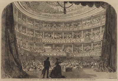 Actuación ante Su Majestad en el Teatro del Palacio de St Cloud (grabado) de English School