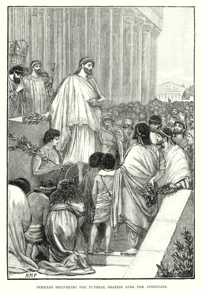 Pericles pronunciando la oración fúnebre sobre los atenienses (grabado) de English School