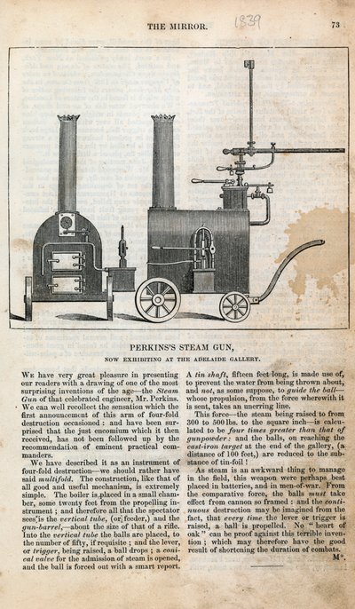 El cañón de vapor de Perkins, ahora exhibido en la Galería Adelaide de English School