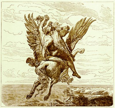 Perseo en el Caballo Alado Pegaso, con la Cabeza de Medusa, ilustración de The Illustrated History of the World, publicado c.1880 de English School