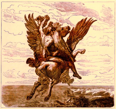 Perseo en el Caballo Alado Pegaso, con la Cabeza de Medusa, ilustración de The Illustrated History of the World, publicado c.1880 de English School