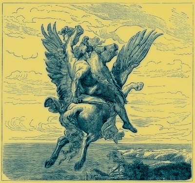 Perseo en el caballo alado Pegaso, con la cabeza de Medusa, ilustración de 
