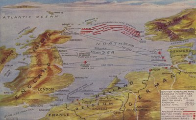 Mapa en perspectiva que muestra la ubicación del dique de contención de minas del Mar del Norte, el escenario de las principales acciones navales y las bases navales alemanas (litografía en color). de English School