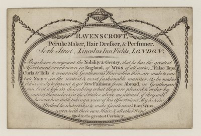 Fabricante de pelucas, Ravenscroft, tarjeta comercial de English School