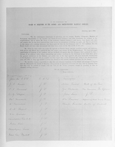 Petición a los Directores de la Compañía de Ferrocarriles de Londres y del Noroeste en nombre de un empleado despedido por problemas de visión, 1861 de English School