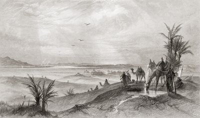 Pi Hahiroth y el Mar Rojo, donde acamparon los israelitas durante su éxodo de Egipto, de "The Imperial Bible Dictionary", publ. 1889 (impreso). de English School