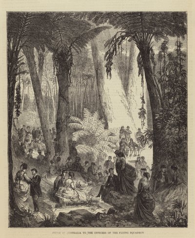 Picnic en Australia para los Oficiales del Escuadrón Volador (grabado) de English School