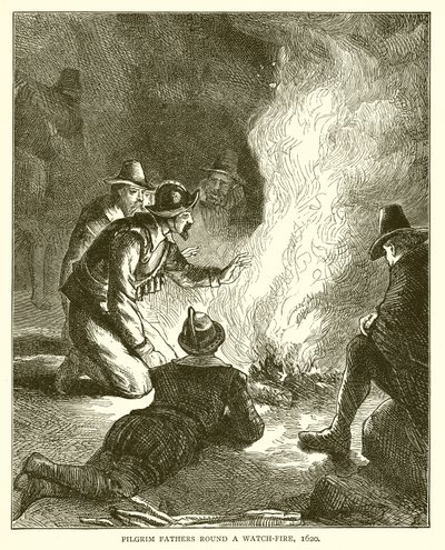 Padres peregrinos alrededor de una hoguera, 1620 de English School