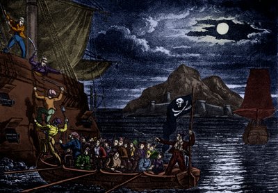 Piratas abordando un navío español, Indias Occidentales, ilustración de 