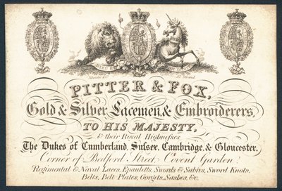Pitter & Fox, encajeros y bordadores de oro y plata, tarjeta comercial de English School