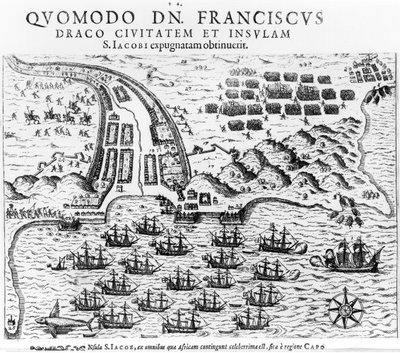 Plano que muestra cómo Francis Drake (c.1540-96) asaltó y mantuvo la isla de San Jacob de English School