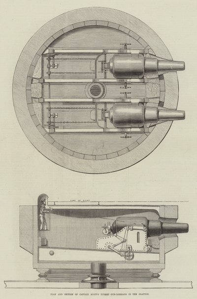 Plano y sección del carro de cañón de torreta del Capitán Scott en el Glatton de English School