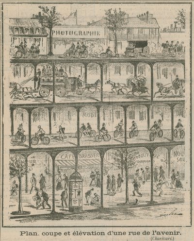 Plan coupe y elevación de una calle del futuro de English School