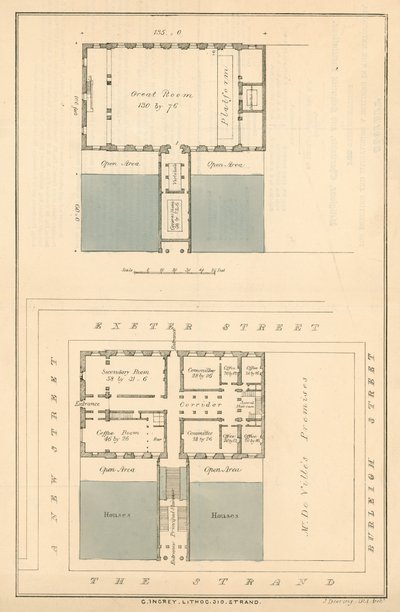 Plan para edificios en el momento de una propuesta de ampliación de The Strand en las cercanías de Exeter Change de English School