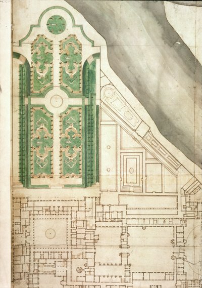 Plano de Hampton Court y sus jardines, c.1714 de English School