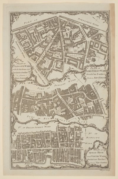 Plan of Queen Hith and Vintry Wards divided into Parishes from a New Survey". Plano de la ciudad de Londres realizado por Royce en el que se muestra Leadenhall Street y East India House de English School