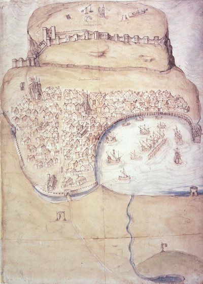 Plano de Scarborough y sus defensas, c.1540 (litografia en color) de English School