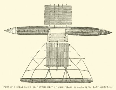 Plano de una gran canoa, o balancín, del Archipiélago de Santa Cruz, después de Labillardiere de English School