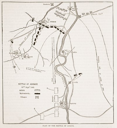Plano de la Batalla de Assaye, ilustración de Cassells Illustrated History of India de James Grant, pub. 1879 de English School