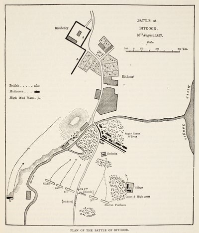 Plano de la Batalla de Bithoor, 16 de agosto de 1857, de Cassells Illustrated History of England de English School