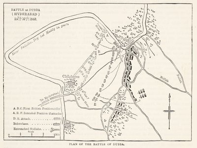 Plano de la Batalla de Dubba (Hyderabad) 24 de marzo de 1843, ilustración de la Historia Ilustrada de Inglaterra de Cassell de English School