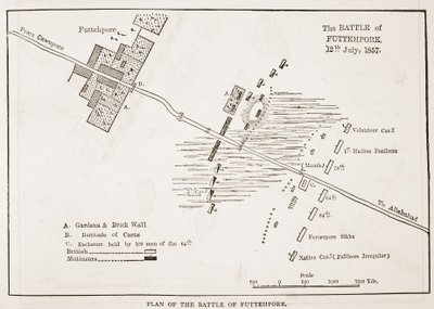 Plano de la Batalla de Futtehpore, 12 de julio de 1857, de la Historia Ilustrada de Inglaterra de Cassell de English School