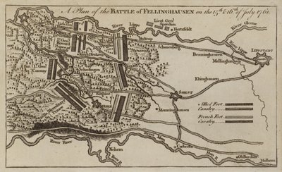 Plano de la Batalla de Villinghausen, Alemania, Guerra de los Siete Años, 15-16 de julio de 1761 de English School