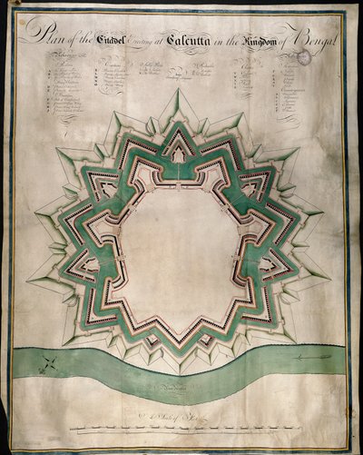 Plano de la ciudadela de Calcuta y Fort William, almacén fortificado de la Compañía de las Indias Orientales, c.1750 (pluma, tinta y acuarela sobre papel) de English School