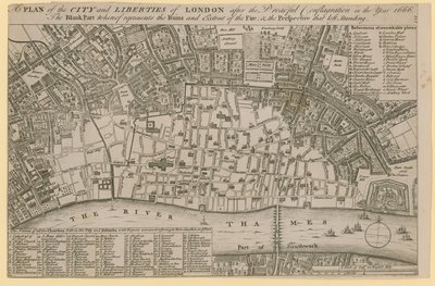 Plano de la Ciudad y Libertades de Londres después del terrible incendio del año 1666 de English School