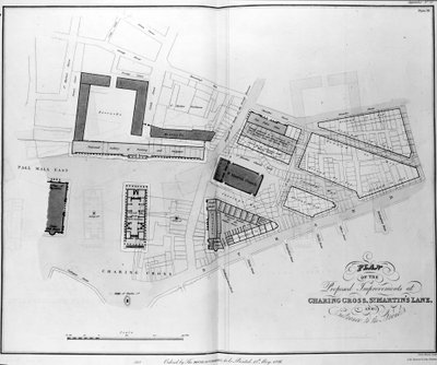 Plan de las Mejoras Propuestas en Charing Cross, St. Martins Lane y Entrada al Strand, grabado por James Basire, 1826 de English School