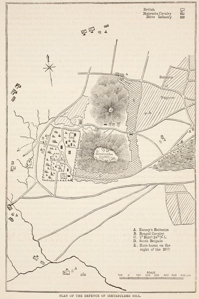 Plano de la defensa de la colina de Seetabuldee, ilustración de Cassells Illustrated History of India de James Grant, pub. 1879 de English School
