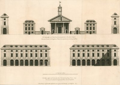 Plano de la perspectiva este de la iglesia de San Pablo, Covent Garden y la perspectiva oeste de Covent Garden de English School