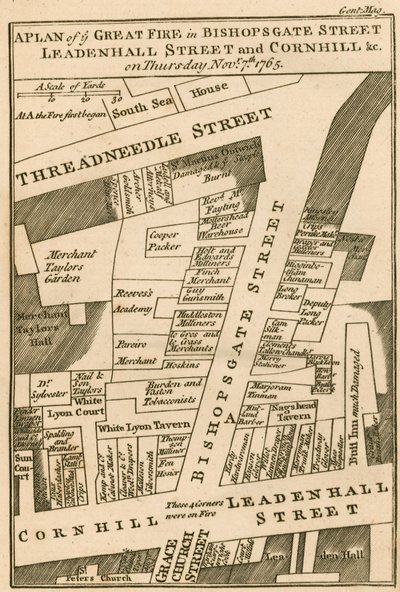 Plano del incendio en Bishopsgate Street, Cornhill y Leadenhall Street, Londres, que comenzó el 7 de noviembre de 1765 de English School