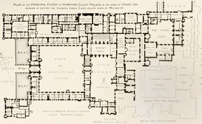 Plano del piso principal del Palacio de Hampton Court como era durante el reinado del Rey Enrique VIII, de la Historia del Palacio de Hampton Court en Tiempos Tudor por Ernest Law, publicado en Londres 1885 de English School