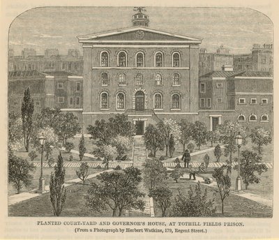 Patio plantado y Casa del Gobernador en la Prisión de Tothill Fields de English School