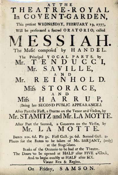 Cartel anunciando una representación del Oratorio de Handel, 
