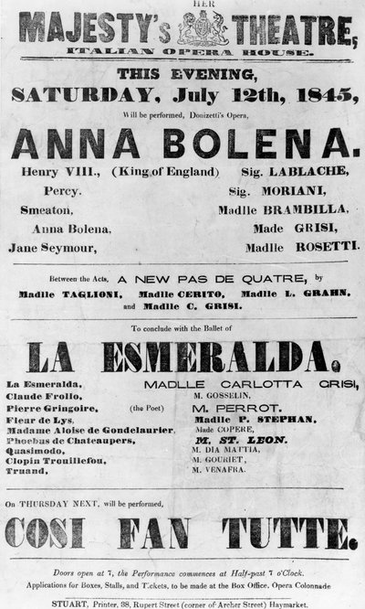 Cartel del Teatro de Su Majestad, Casa de la Ópera Italiana, 1845 de English School