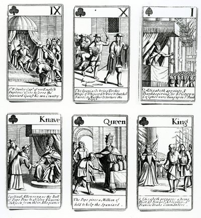 Cartas de juego que representan los eventos de la Armada Española, 1699 de English School