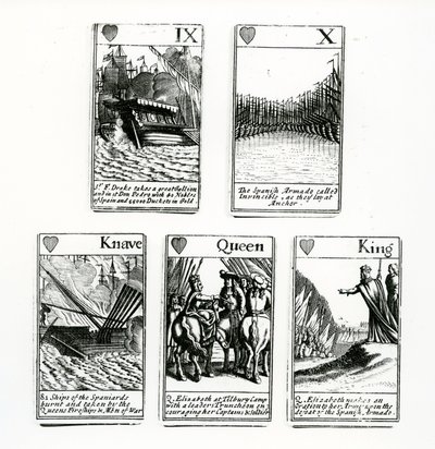 Cartas de juego que representan los eventos de la Armada Española, 1699 de English School