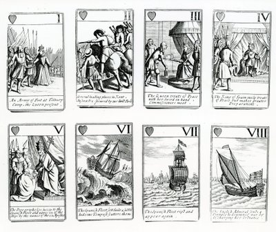 Cartas de juego que representan los eventos de la Armada Española, 1699 de English School