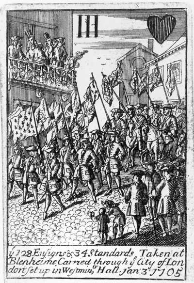 Carta de juego que representa los Estandartes y Estandartes Tomados en Blenheim, siendo llevados por la Ciudad de Londres, 3 de enero de 1705 de English School